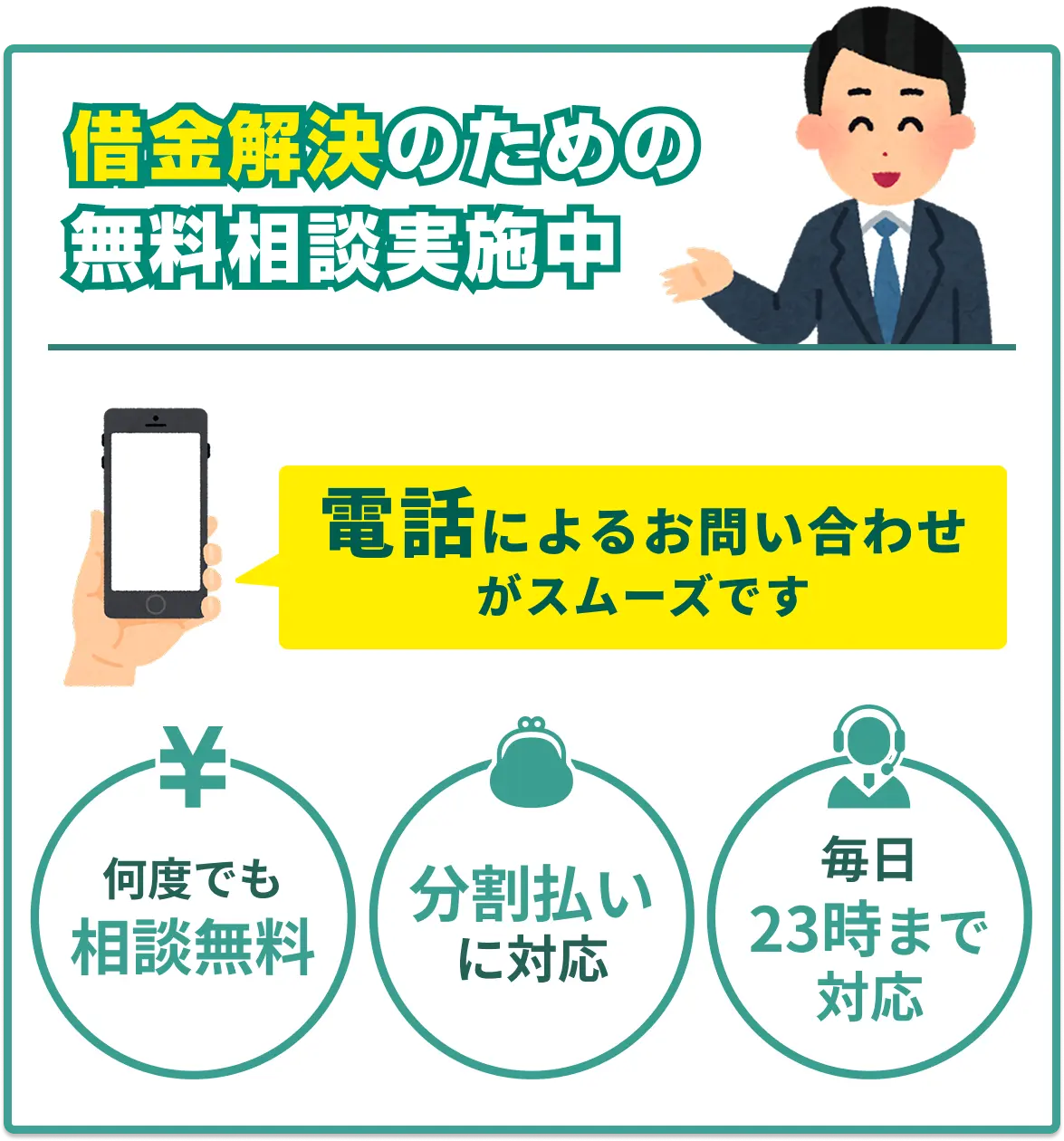 借金解決のための無料相談実施中。電話によるお問い合わせがスムーズです。何度でも相談無料、弁護士費用の分割払いに対応、毎日23時まで受付。河野法律事務所の無料相談窓口の案内。