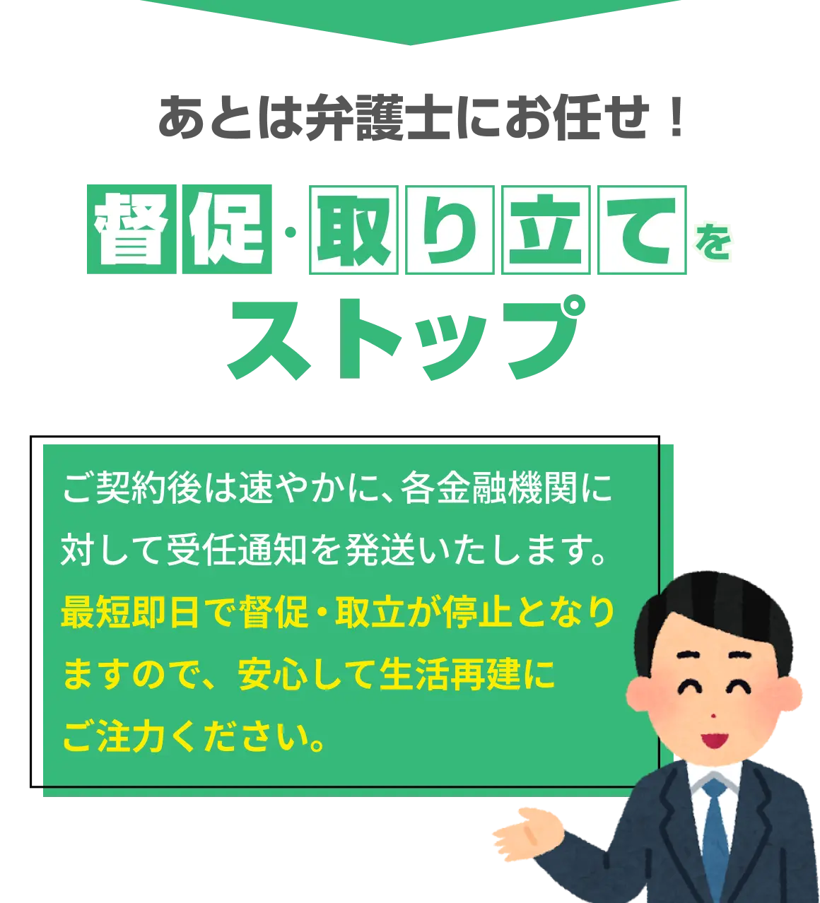 あとは弁護士にお任せ。借金の督促・取り立てをストップします。ご契約後は速やかに各金融機関へ受任通知を発送し、最短即日で督促・取立が停止となります。これにより安心して生活再建に注力いただける環境を整えます。